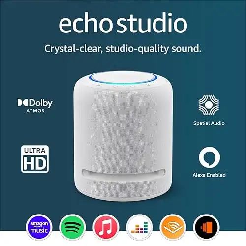 Echo Studio (Newest gen) | Our best-sounding Wi-Fi and Bluetooth smart speaker ever | Dolby Atmos, spatial audio, smart home hub and Alexa | Glacier White